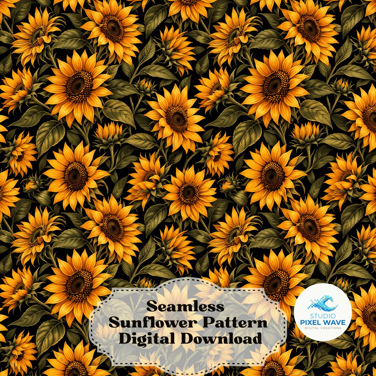 Seamless vintage sunflower pattern tile — moody amber and orange sunflowers with dark olive leaves on black background, 300 DPI botanical repeat design