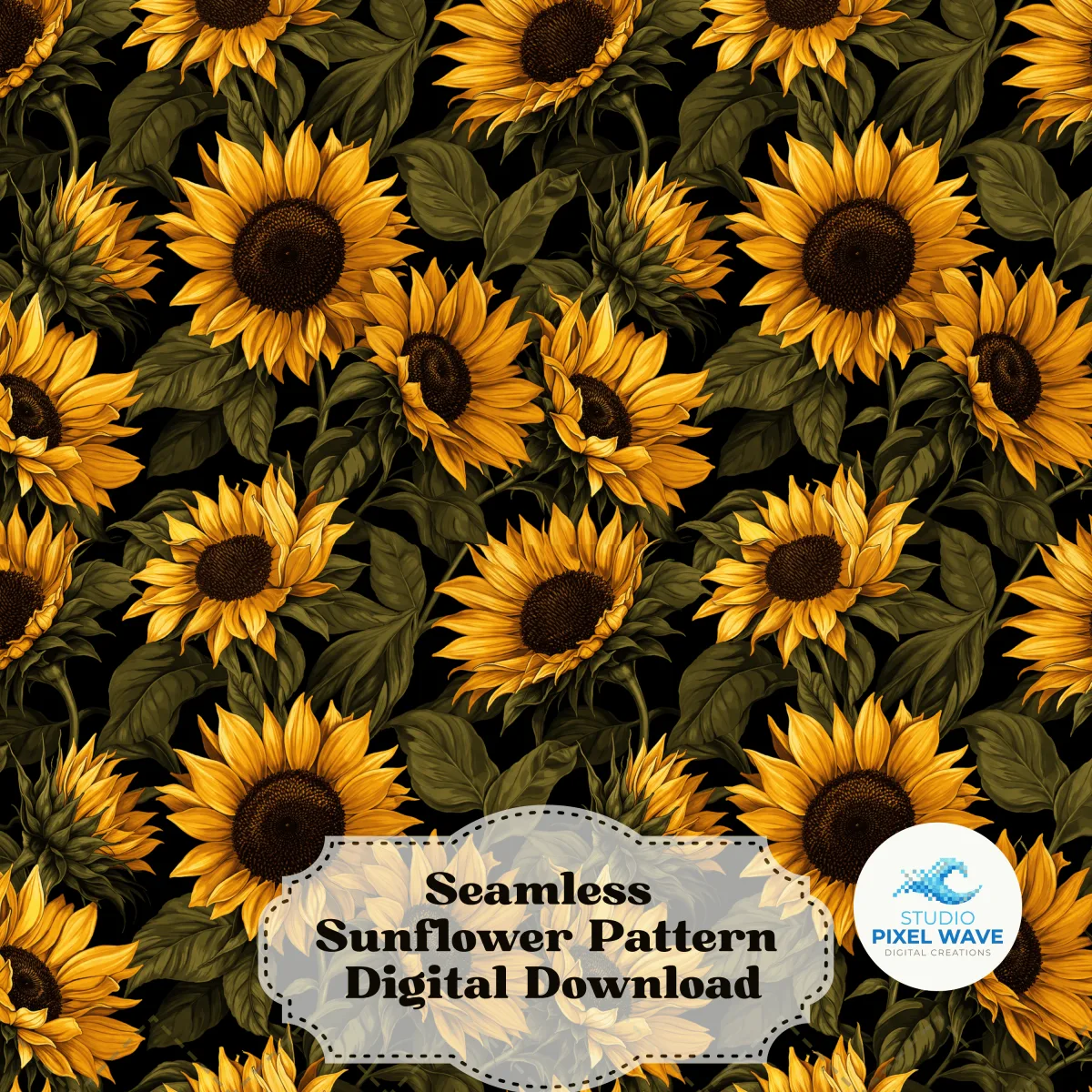 Seamless golden sunflower garden pattern — large blooms with stems and buds on black background, 300 DPI naturalistic botanical repeat design