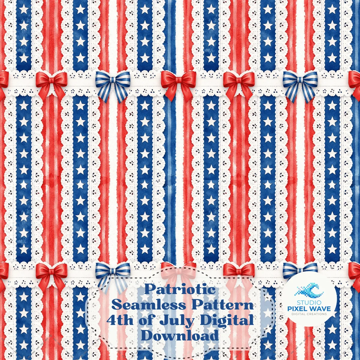 Patriotic 4th of July seamless pattern — watercolor red and blue stripes with white stars, eyelet lace trim and red and striped blue ribbon bows, 300 DPI digital download