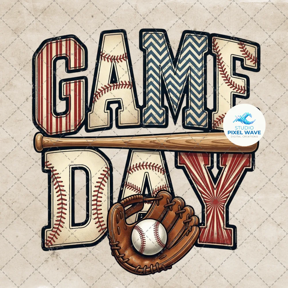 Vintage varsity Game Day baseball PNG design — large textured letters with bat, leather glove and baseball on black background, sublimation and DTF transfer digital download