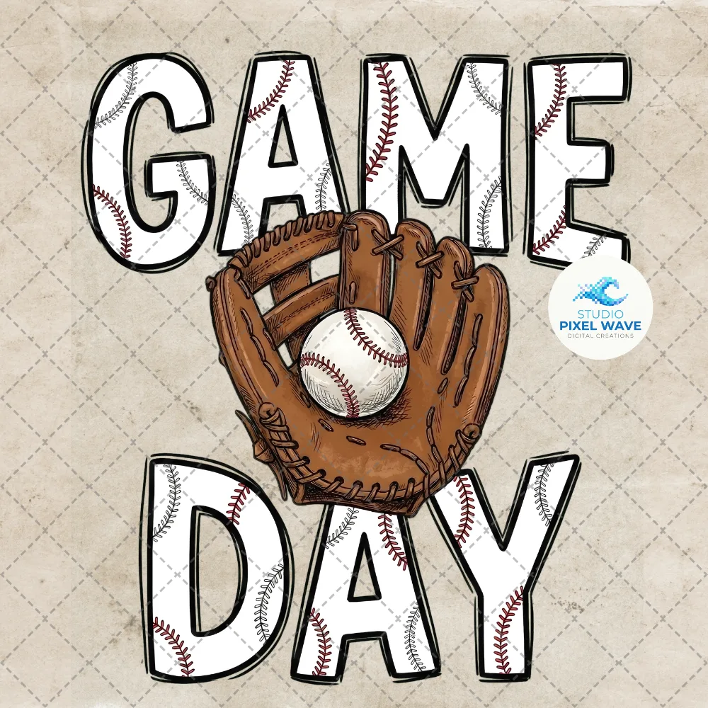 Vintage hand-drawn Game Day baseball PNG — sketch-style stitched letters with leather catcher's glove and baseball on cream parchment background, sublimation and DTF transfer digital download
