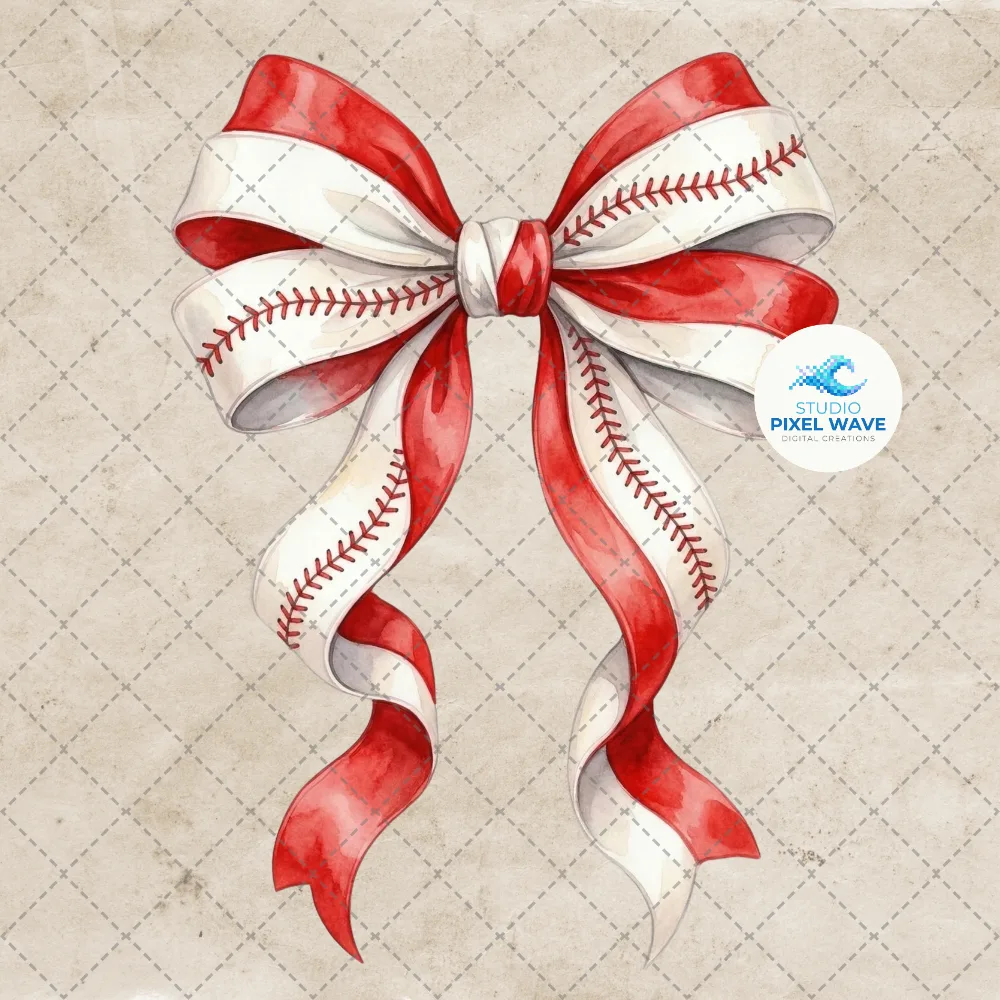 Coquette baseball bow PNG — large watercolor red and white baseball stitched ribbon bow clipart on black background, sublimation and DTF digital download for baseball mama designs