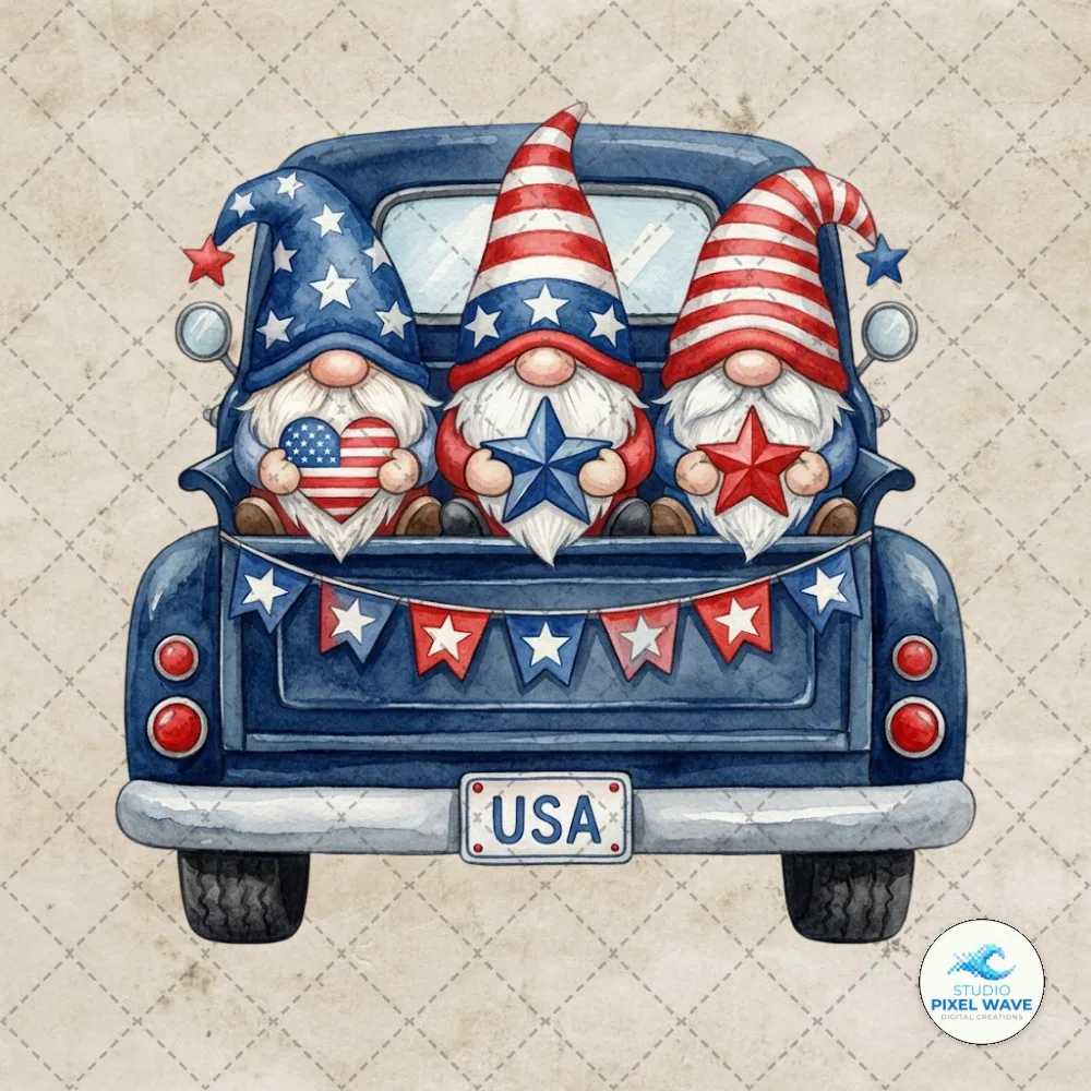 4th of July Patriotic Gnome Truck PNG