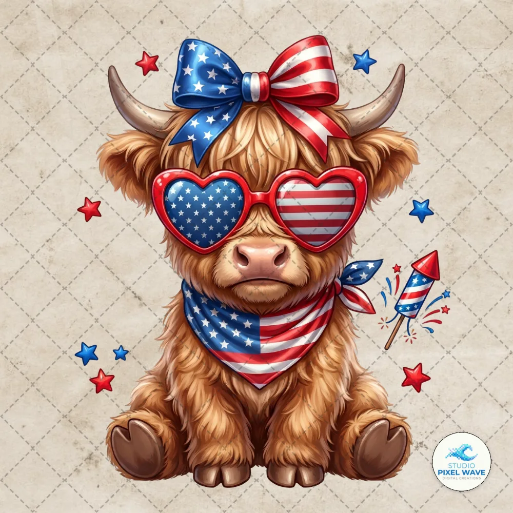 Highland Cow PNG 4th of July PNG Sublimation