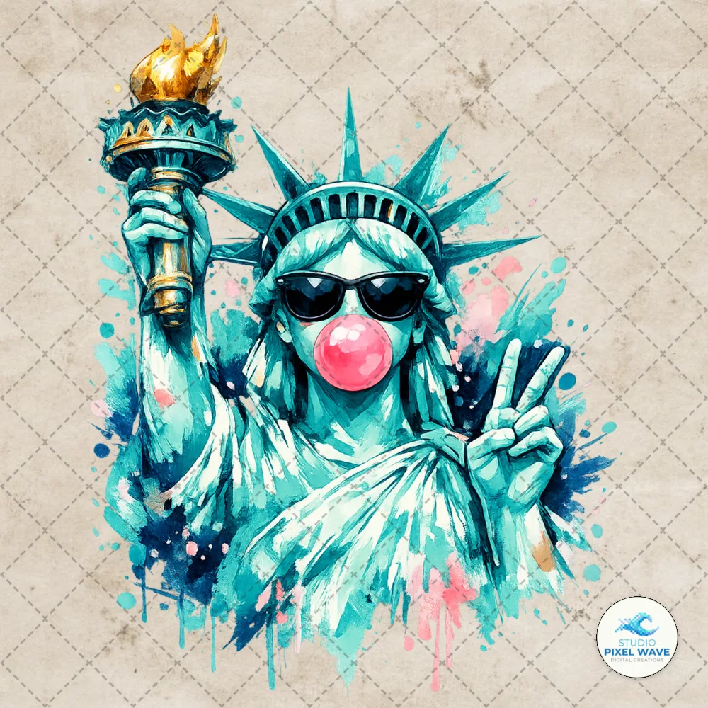 Preppy Brushstroke Statue of Liberty Blowing Bubble PNG