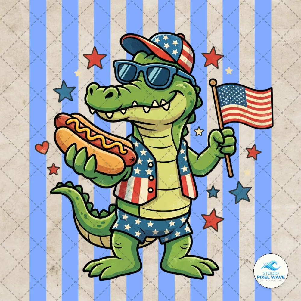 Striped Kids Boys 4th of July Alligator PNG