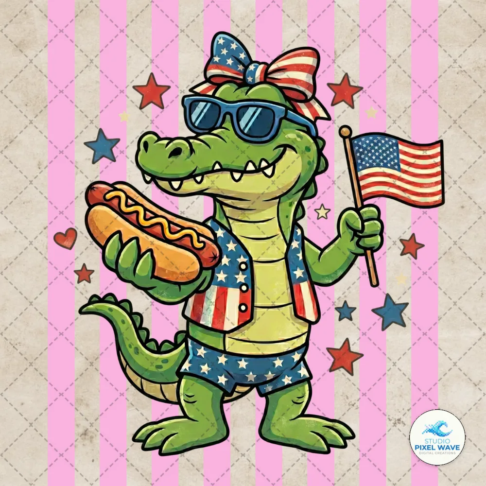 Striped Kids Girls 4th of July Alligator PNG