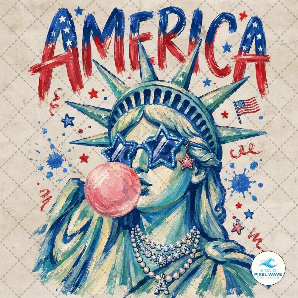 Preppy Brushstroke Statue of Liberty Blowing Bubble Png